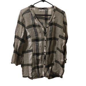 Habitat Plaid Crinkle Linen Short Sleeve Flowy Lagenlook Button Down shirt M